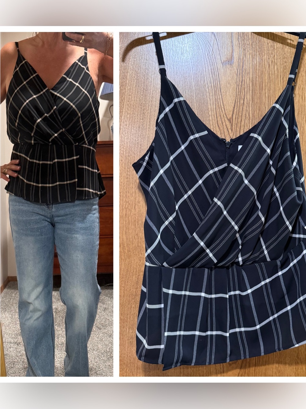 CAbi Black & White Plaid Surplice Peplum Cami